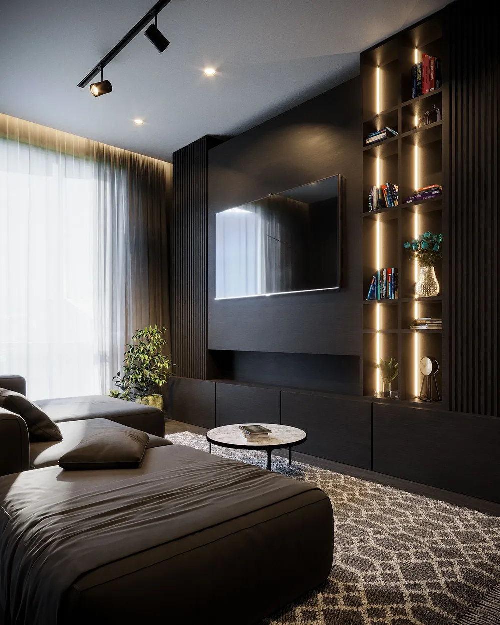 A modern bedroom finished in deep charcoal, with a slatted feature wall, warm accent lighting and a patterned rug.